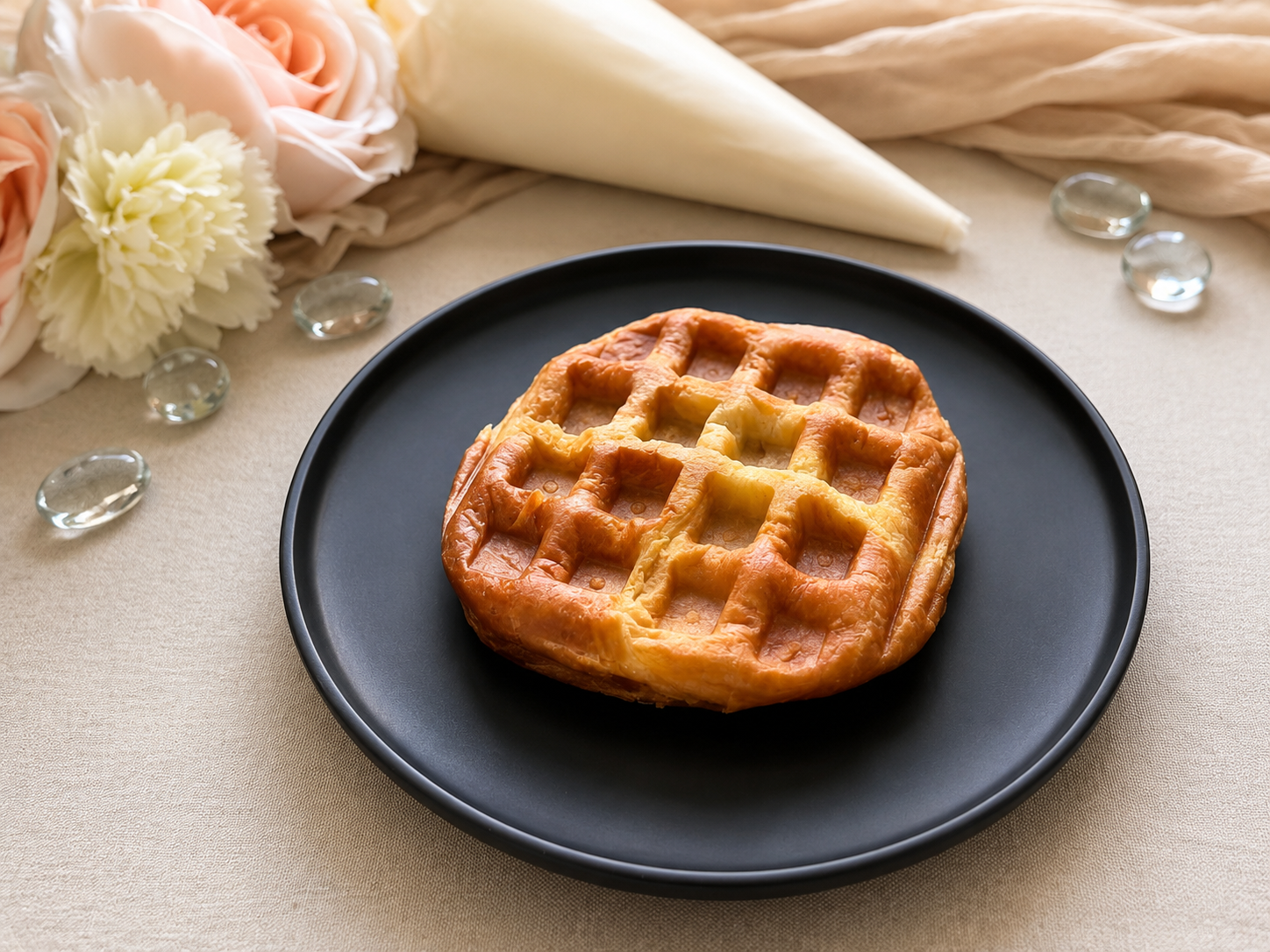 A golden croffle topped with vanilla mousse and berry drizzle